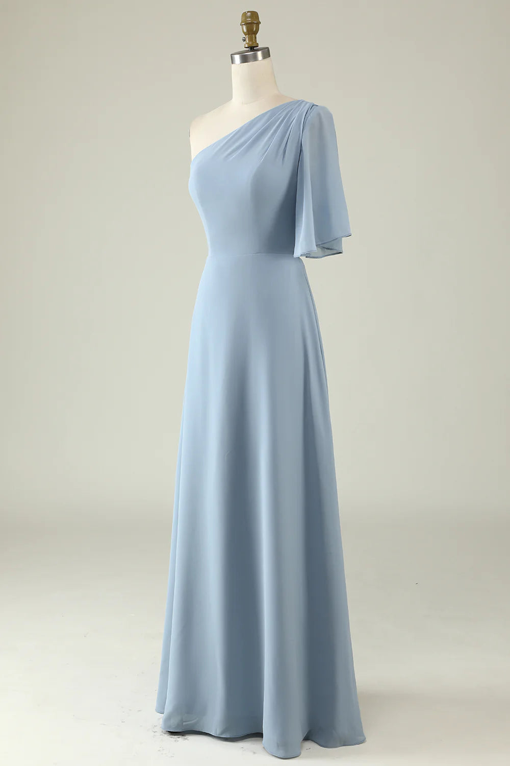 Grey Blue One Shoulder Chiffon Boho Bridesmaid Dress