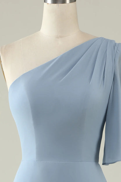 Grey Blue One Shoulder Chiffon Boho Bridesmaid Dress