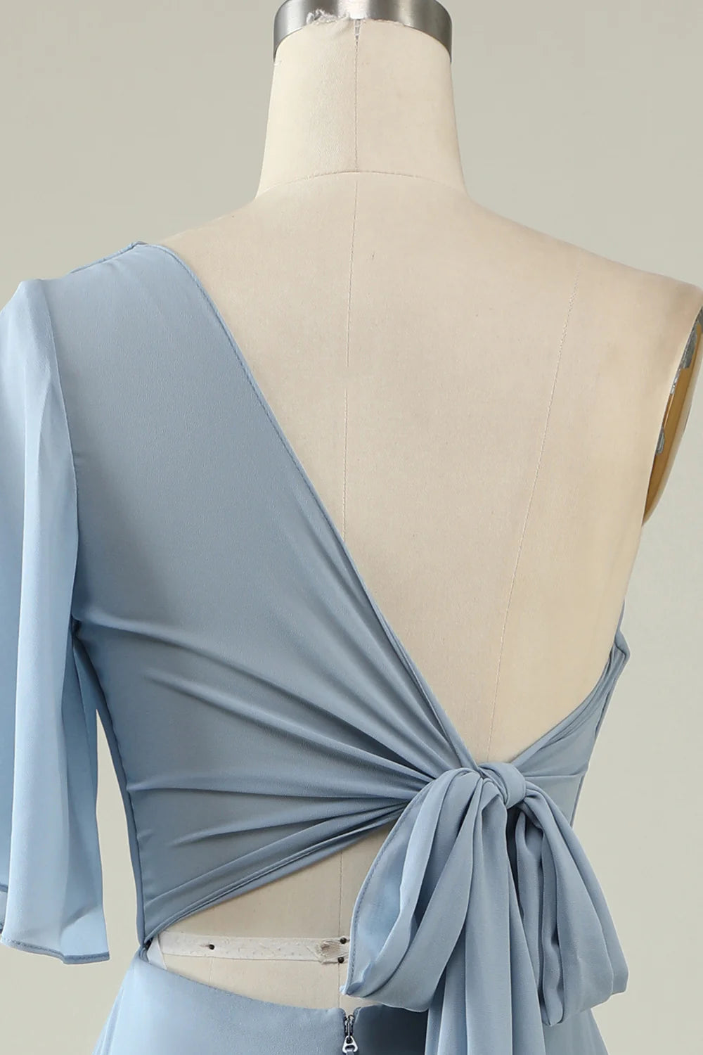 Grey Blue One Shoulder Chiffon Boho Bridesmaid Dress