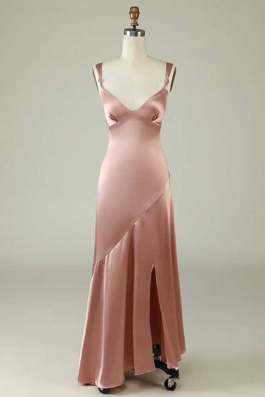 Blush Asymmetrical Bridesmaid Dress With Slit