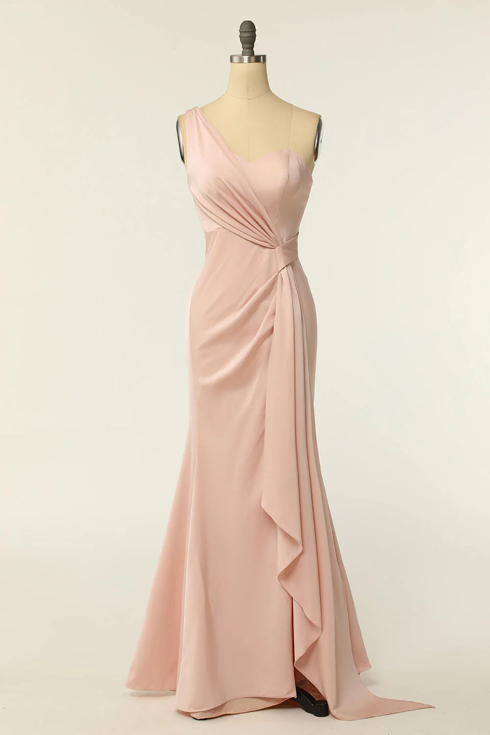 Mermaid One Shoulder Blush Long Bridesmaid Dress With Ruffles