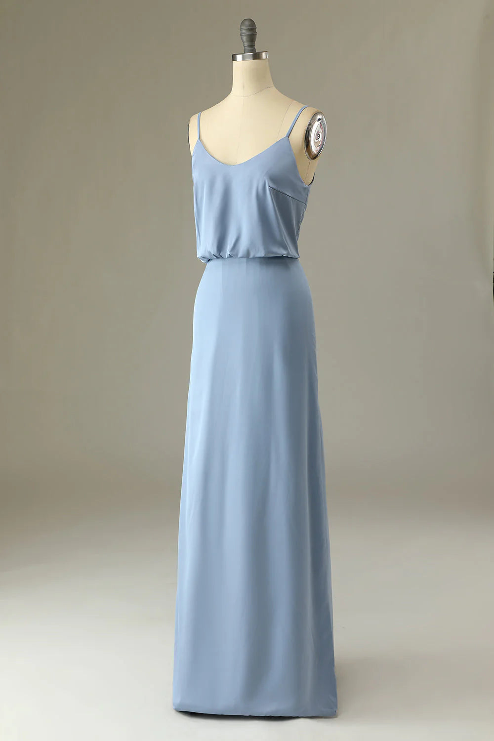 Spaghetti Straps Grey Blue Long Bridesmaid Dress