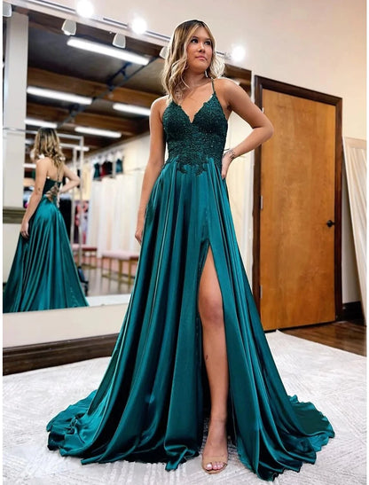 A-Line Prom Dresses Open Back Dress Formal Prom Court Train Sleeveless V Neck Tulle Backless V Back with Beading Appliques