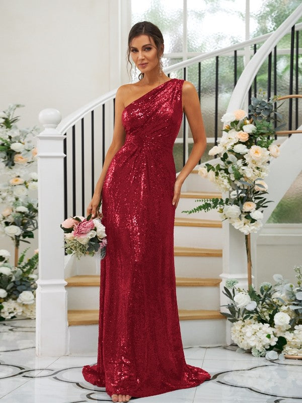 Sheath/Column Sequins Ruched One-Shoulder Sleeveless Sweep/Brush Train Bridesmaid Dresses