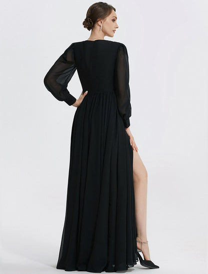 A-Line Evening Gown Elegant Dress Formal Floor Length Long Sleeve V Neck Chiffon with Slit