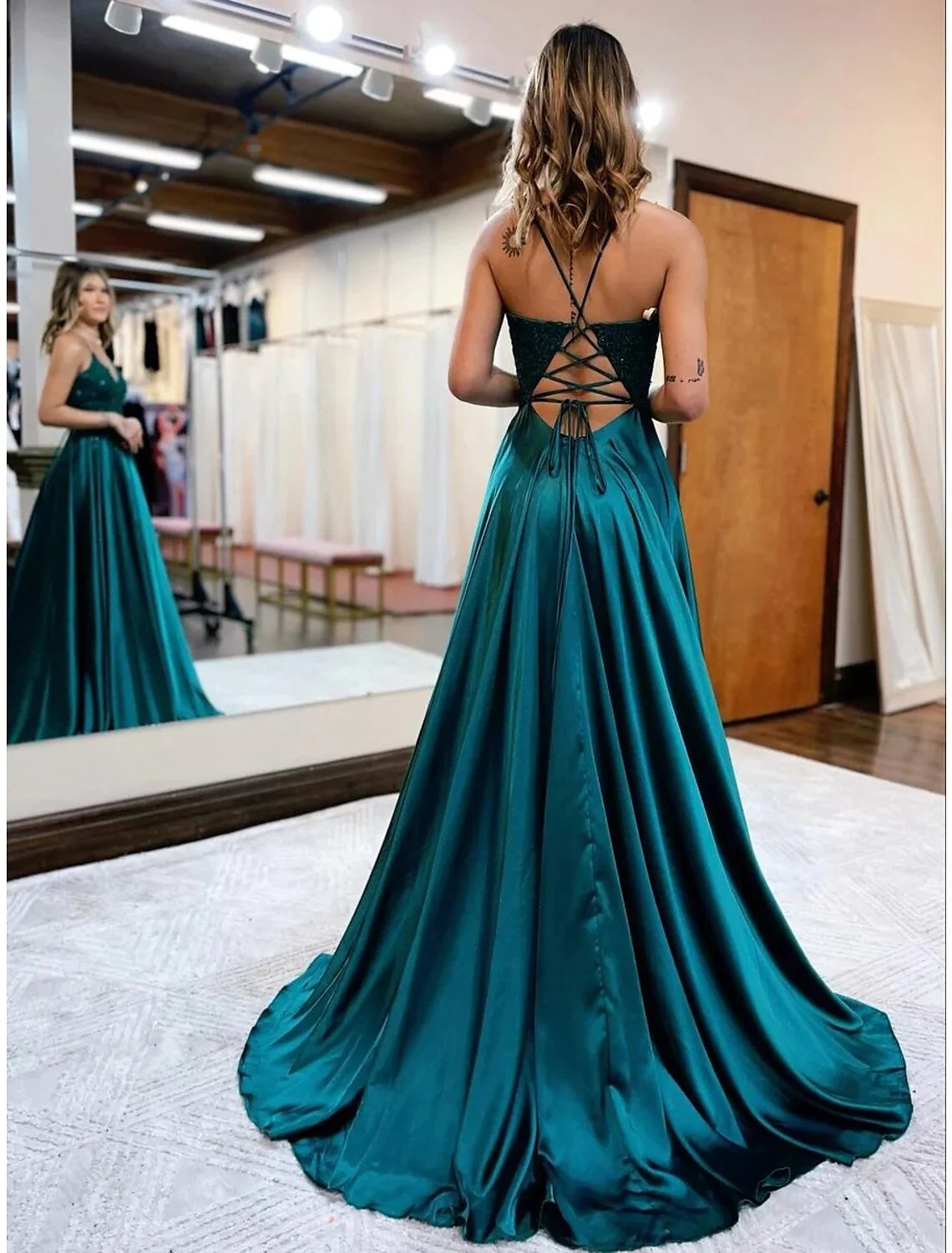 A-Line Prom Dresses Open Back Dress Formal Prom Court Train Sleeveless V Neck Tulle Backless V Back with Beading Appliques