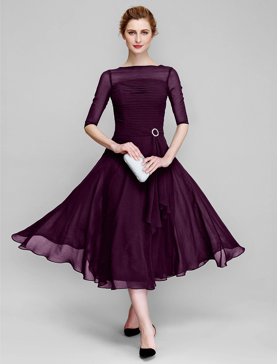 A-Line Mother of the Bride Dress Wedding Guest Elegant Plus Size Bateau Neck Tea Length Chiffon Half Sleeve with Ruched