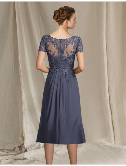 A-Line Mother of the Bride Dress Elegant Plus Size V Neck Tea Length Chiffon Lace Short Sleeve with Pleats Appliques