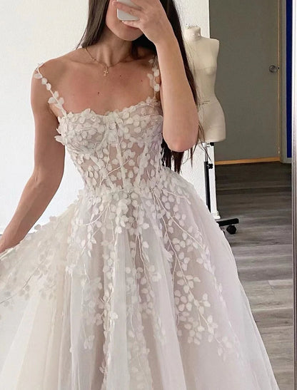 Wedding Dresses A-Line Square Neck Sleeveless Sweep / Brush Train Chiffon Bridal Gowns With Embroidery Appliques