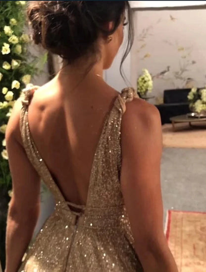 A-Line Prom Dresses Glittering Dress Evening Party Dress Formal Evening Sweep / Brush Train Sleeveless Spaghetti Strap Stretch Satin Backless with Rhinestone