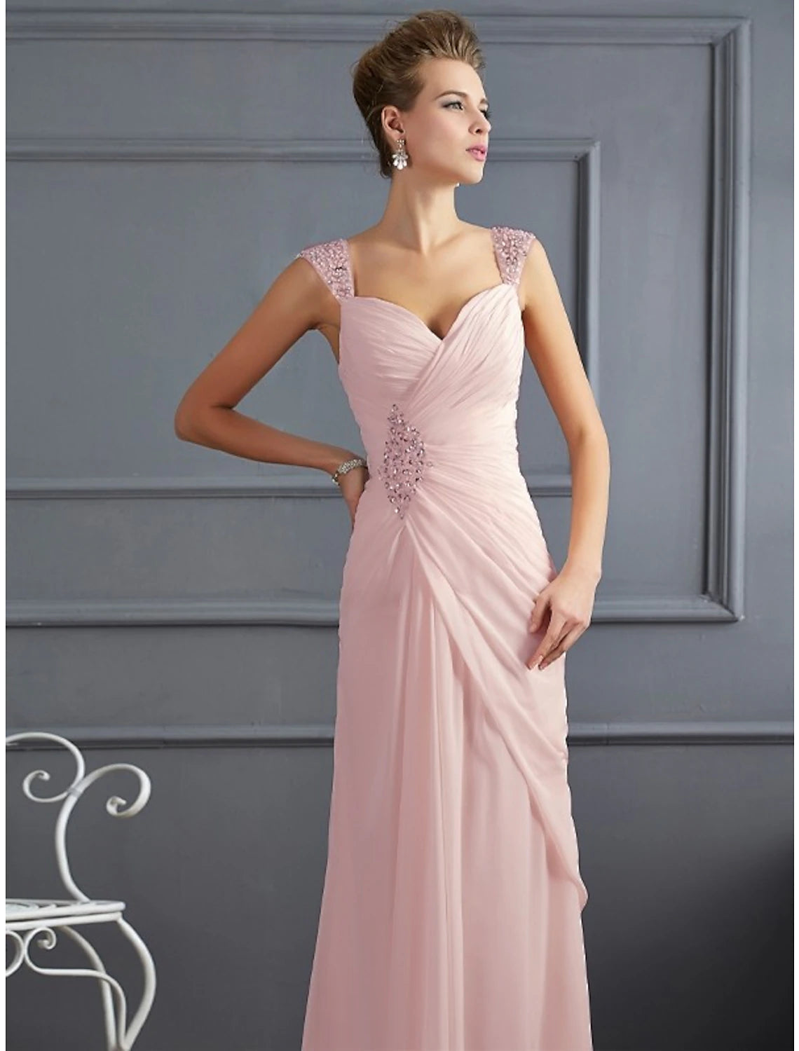 Mermaid / Trumpet Evening Gown Elegant Dress Formal Wedding Guest Floor Length Sleeveless Spaghetti Strap Chiffon with Rhinestone Ruched