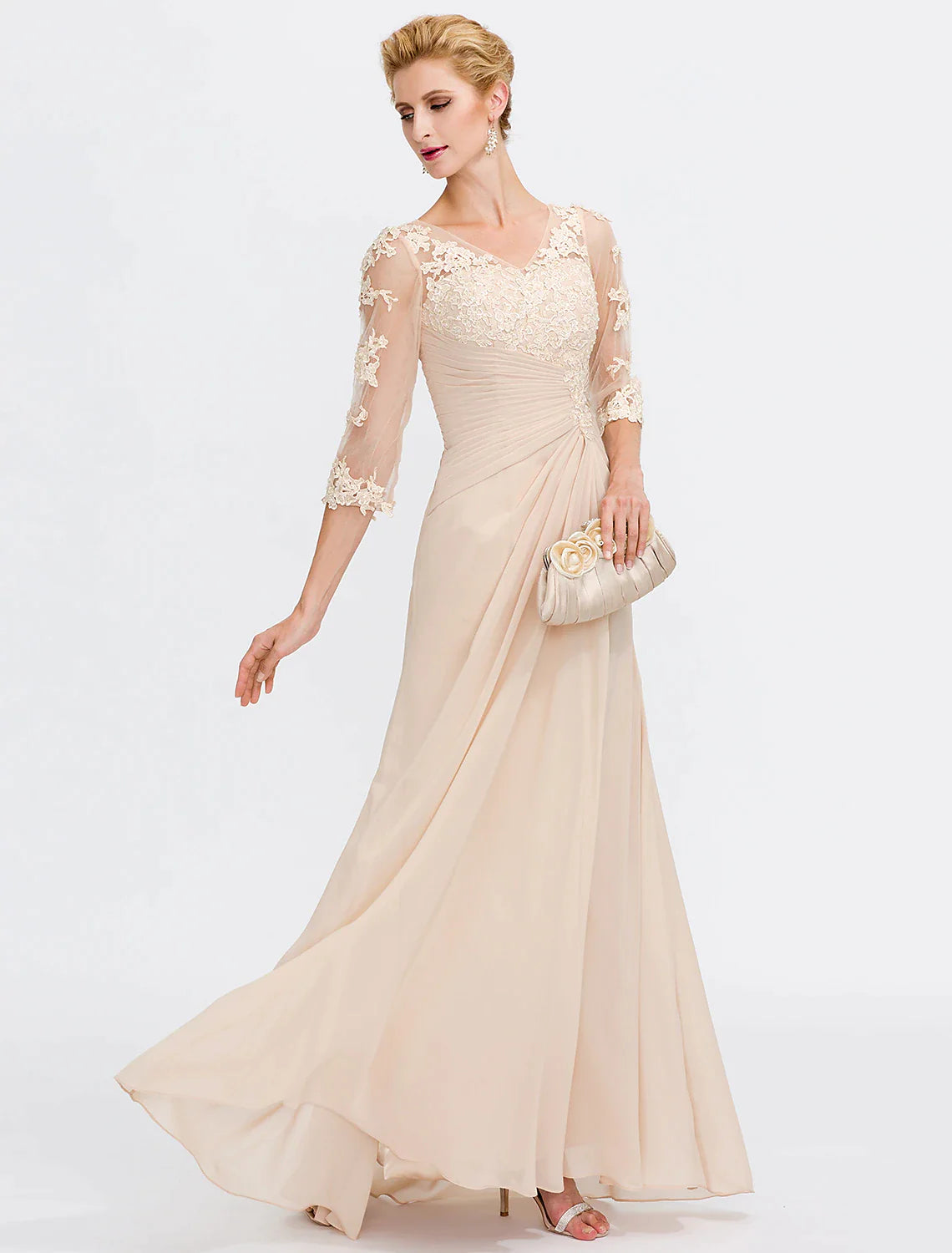 A-Line Mother of the Bride Dress Wedding Guest Elegant Plus Size See Through V Neck Floor Length Chiffon Half Sleeve with Appliques Side Draping