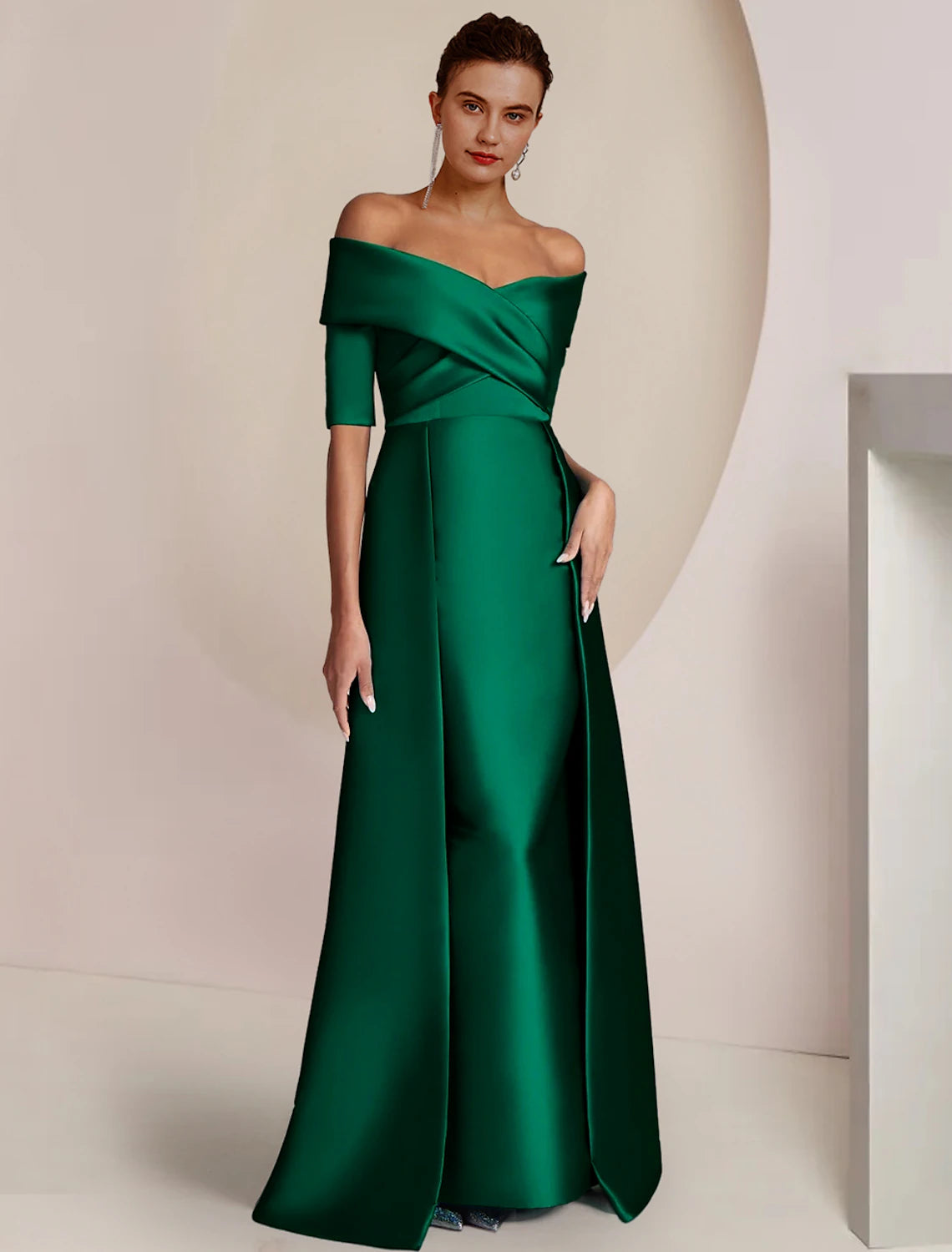 Sheath / Column Mother of the Bride Dress Formal Wedding Guest Elegant Party Off Shoulder Floor Length Satin Half Sleeve with Ruching