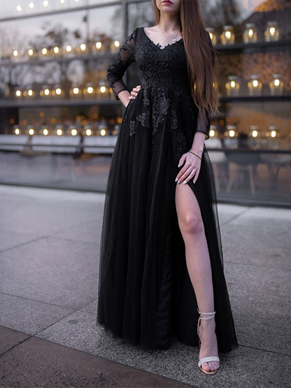 Ball Gown Tulle Long Sleeves Applique Off-the-Shoulder Floor-Length Dresses