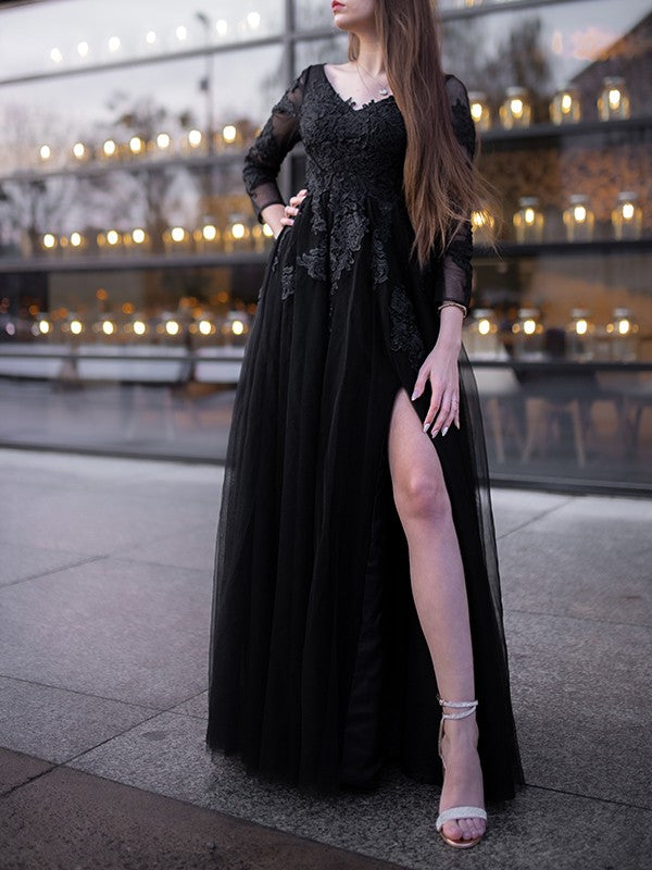 Ball Gown Tulle Long Sleeves Applique Off-the-Shoulder Floor-Length Dresses