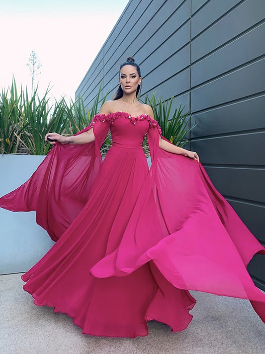 A-Line/Princess Chiffon Floor-Length Long Sleeves Ruffles Off-the-Shoulder Dresses