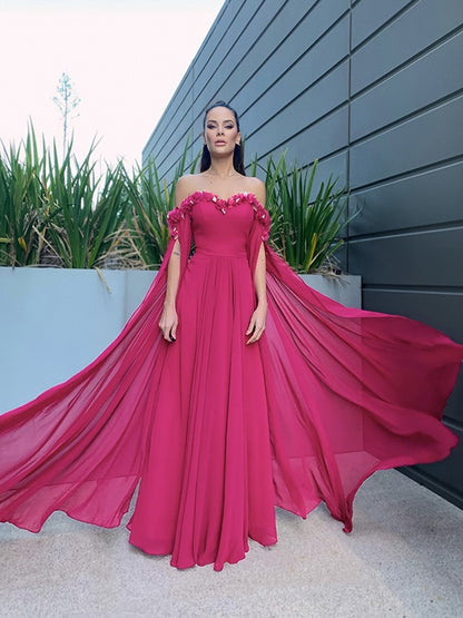 A-Line/Princess Chiffon Floor-Length Long Sleeves Ruffles Off-the-Shoulder Dresses