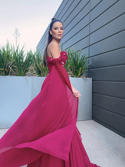 A-Line/Princess Chiffon Floor-Length Long Sleeves Ruffles Off-the-Shoulder Dresses