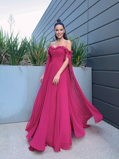 A-Line/Princess Chiffon Floor-Length Long Sleeves Ruffles Off-the-Shoulder Dresses