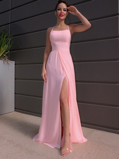 A-Line/Princess Floor-Length Halter Sleeveless Chiffon Ruffles Dresses