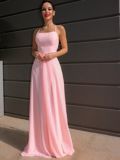 A-Line/Princess Floor-Length Halter Sleeveless Chiffon Ruffles Dresses