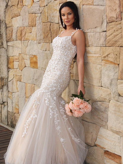 Trumpet/Mermaid Tulle Applique Sleeveless Spaghetti Straps Floor-Length Dresses