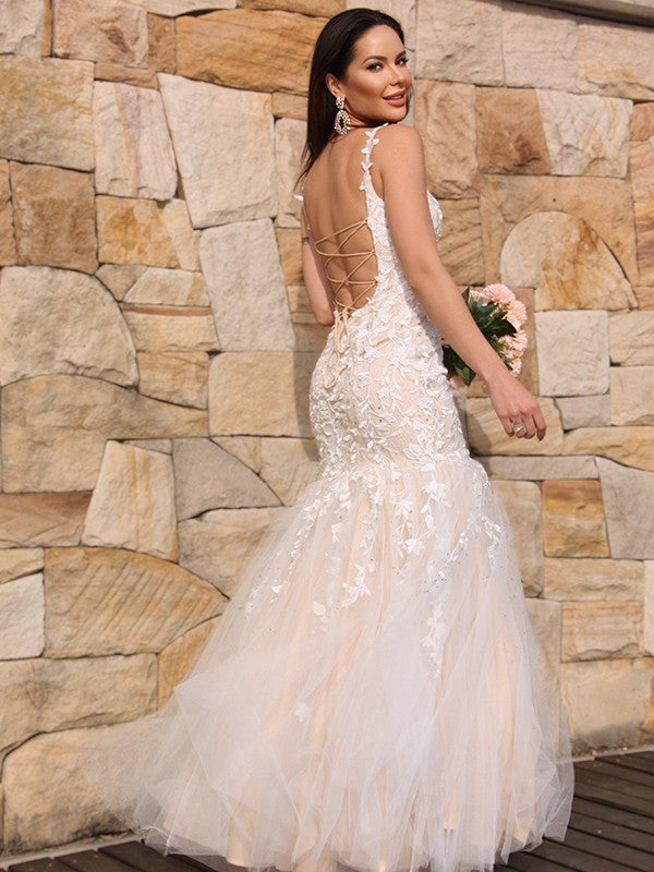 Trumpet/Mermaid Tulle Applique Sleeveless Spaghetti Straps Floor-Length Dresses