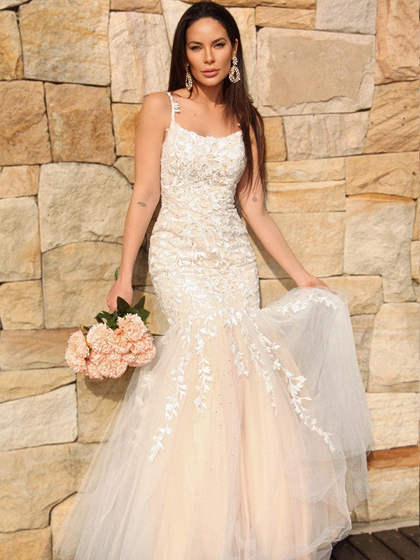 Trumpet/Mermaid Tulle Applique Sleeveless Spaghetti Straps Floor-Length Dresses