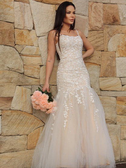 Trumpet/Mermaid Tulle Applique Sleeveless Spaghetti Straps Floor-Length Dresses