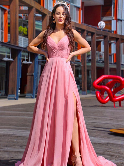 A-Line/Princess Chiffon Ruched Spaghetti Straps Sleeveless Sweep/Brush Train Dresses