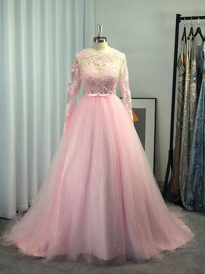 Ball Gown Long Sleeves Tulle Lace Jewel Sweep/Brush Train Dresses