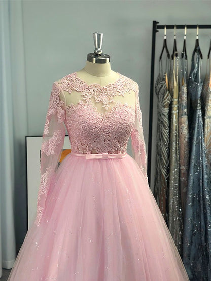 Ball Gown Long Sleeves Tulle Lace Jewel Sweep/Brush Train Dresses