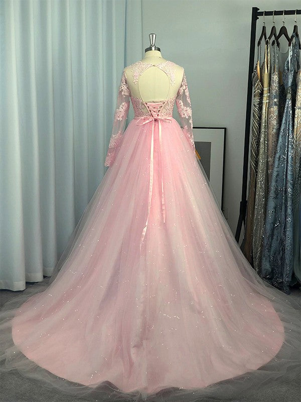 Ball Gown Long Sleeves Tulle Lace Jewel Sweep/Brush Train Dresses