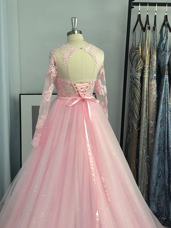 Ball Gown Long Sleeves Tulle Lace Jewel Sweep/Brush Train Dresses