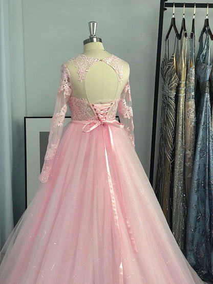 Ball Gown Long Sleeves Tulle Lace Jewel Sweep/Brush Train Dresses