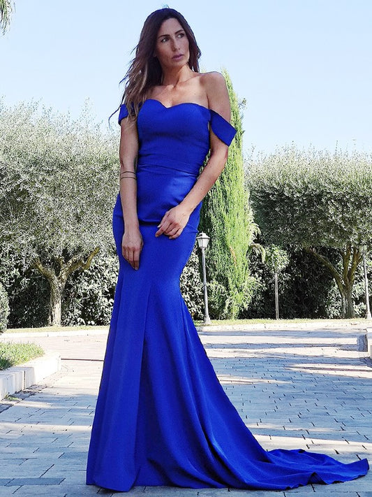 Trumpet/Mermaid Stretch Crepe Ruffles Sleeveless Off-the-Shoulder Sweep/Brush Train Dresses