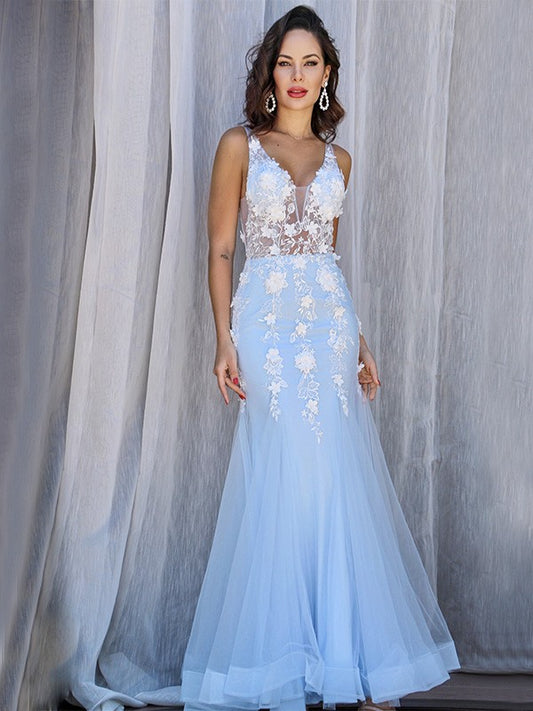 Trumpet/Mermaid Tulle V-neck Sleeveless Applique Floor-Length Dresses