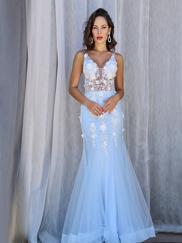 Trumpet/Mermaid Tulle V-neck Sleeveless Applique Floor-Length Dresses