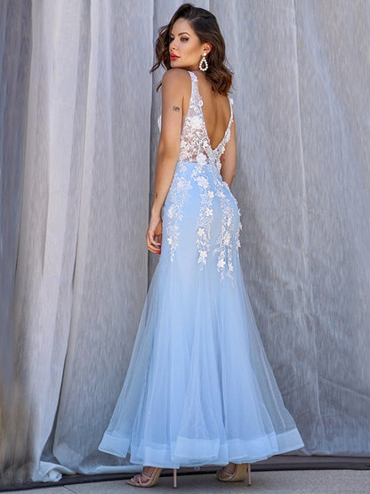 Trumpet/Mermaid Tulle V-neck Sleeveless Applique Floor-Length Dresses