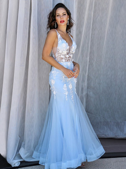 Trumpet/Mermaid Tulle V-neck Sleeveless Applique Floor-Length Dresses