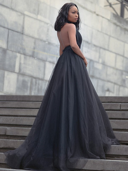 Ball Gown Tulle Ruffles V-neck Sleeveless Court Train Dresses