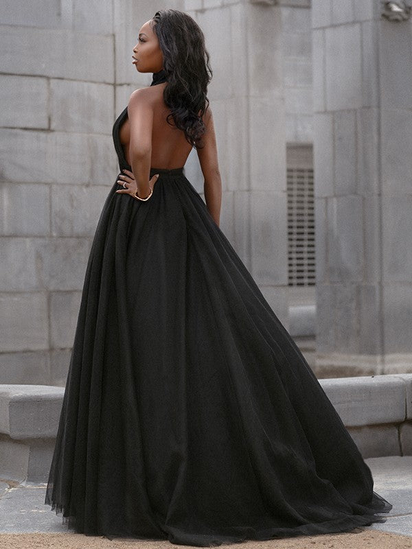 Ball Gown Tulle Ruffles V-neck Sleeveless Court Train Dresses