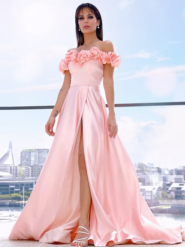 A-Line/Princess Satin Off-the-Shoulder Sleeveless Hand-Made Flower Sweep/Brush Train Dresses