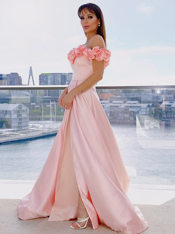 A-Line/Princess Satin Off-the-Shoulder Sleeveless Hand-Made Flower Sweep/Brush Train Dresses