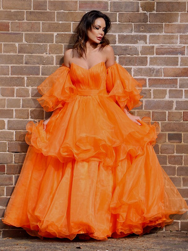 A-Line/Princess Organza Off-the-Shoulder Layers Long Sleeves Floor-Length Dresses