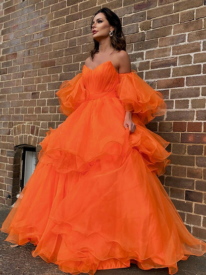 A-Line/Princess Organza Off-the-Shoulder Layers Long Sleeves Floor-Length Dresses