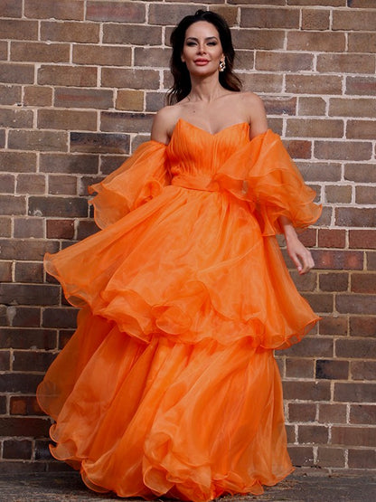 A-Line/Princess Organza Off-the-Shoulder Layers Long Sleeves Floor-Length Dresses