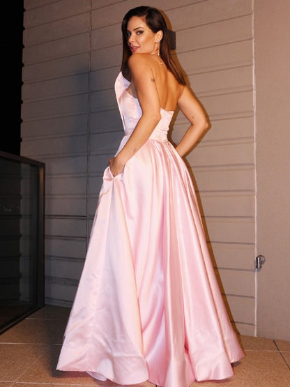 A-Line/Princess Satin Ruffles Sleeveless Strapless Floor-Length Dresses