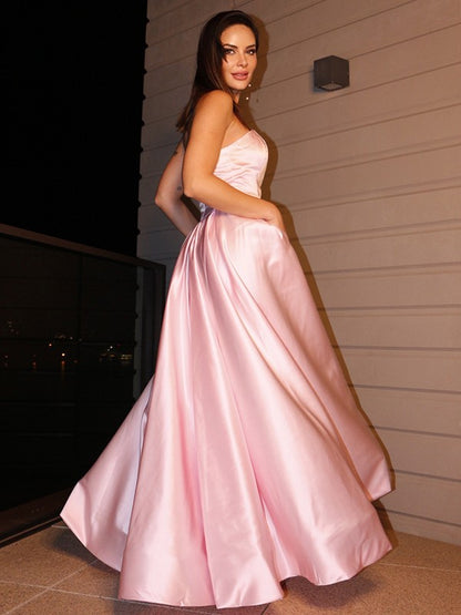 A-Line/Princess Satin Ruffles Sleeveless Strapless Floor-Length Dresses