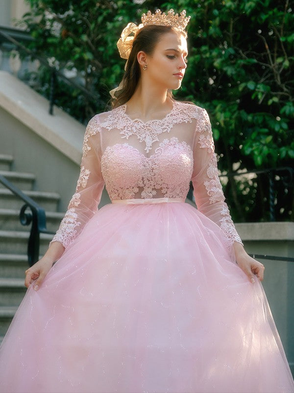 Ball Gown Tulle Scoop Lace Long Sleeves Sweep/Brush Train Dresses